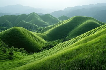 Lush green hills of Chinese meadows create a minimalist landscape that captivates with its simplicity and beauty