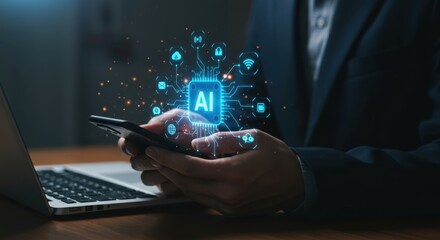 Businessman interacting with a holographic ai interface displaying digital icons and data streams on his smartphone