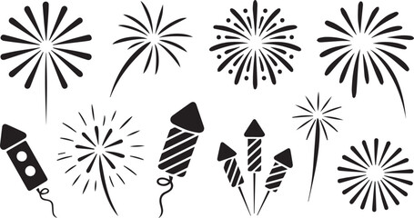 Collection of diverse firework silhouettes and rockets isolated on white background