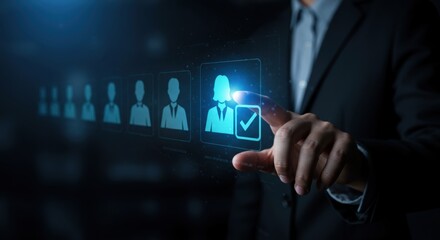 Business professional selects a candidate from a digital lineup of employee profile icons on a futuristic interface