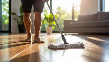 Man Mopping Wooden Floor In Sunny Home