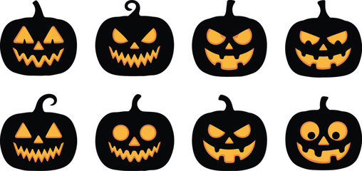 Collection of eight halloween pumpkin faces silhouettes isolated on white background