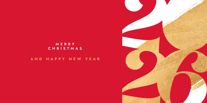 Merry Christmas and Happy New Year 2026 greeting card, poster, web banner, holiday cover. Xmas template in art style with gorgeous number 2026 design in gold white and red colors for ads, promo, print
