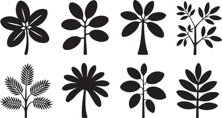 Collection of eight stylized plant and leaf silhouettes isolated on white background silhouette