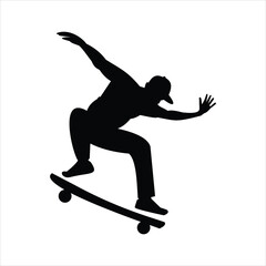 Black silhouette of a skateboarder performing a trick in mid-air.