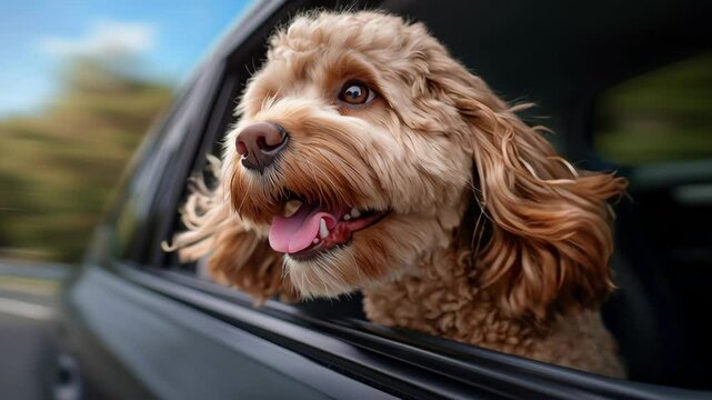 Joyful and Happy Cockapoo Dog with Curly Fur Enjoys Car Ride, Sticking Head Out of Window, Feeling Breeze