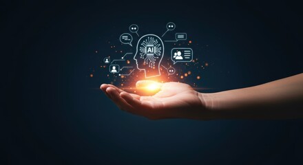 Human hand cradles glowing ai head silhouette with digital connections and communication icons symbolizing advanced technology and connectivity