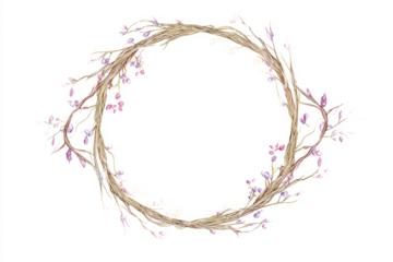 Botanical portal made of growing vines and wildflowers forming a ring, enchanted aura, white background