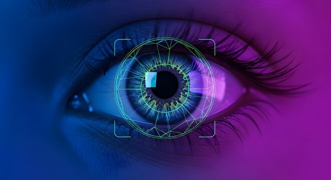 Close-up of a futuristic human eye being scanned by a digital interface, representing concepts of biometric recognition, data security, artificial intelligence, and the future of technology.
