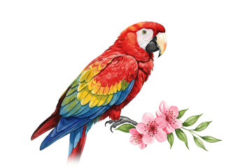 Watercolor Scarlet Macaw Illustration Parrot Tropical Bird on Branch Flower