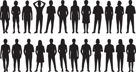 Diverse group of people standing in silhouette isolated on white background