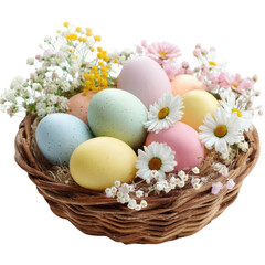 Obraz premium Colorful easter eggs in a woven basket with spring flowers isolated on transparent background