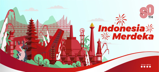 80 years Indonesia Merdeka or Independence Day 17th August 2025 template design with beautiful culture and landmarks background. Indonesia national identity and culture vector llustration 