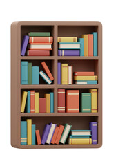 Wooden Bookshelf Filled with Colorful Books in Transparent Background