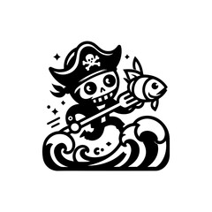 Cartoon skeleton pirate with hat and eyepatch riding a wave while holding a fish on a fork.