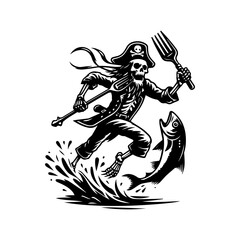 Fototapeta premium A pirate skeleton, wielding a trident and fork, sprints across water in pursuit of a large fish.