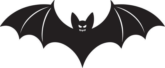 Scary black bat silhouette with fangs flying isolated on white background