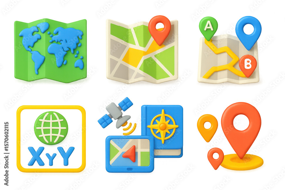 Poster 3d navigation icons illustration: simple map and gps elements for design projects
