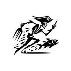 Fototapeta premium A running pirate skeleton wielding a trident chases a fish.
