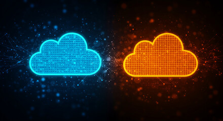 Digital art representing network communication through contrasting blue and orange cloud symbols on a dark backdrop