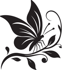 Black and white butterfly vector tattoo design with floral ornament wings, a beautiful insect art illustration