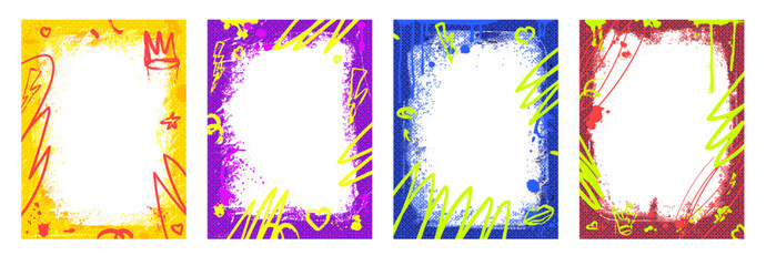 Grunge colorful frames template with scribbles and aerosol paint. Graffiti spray art layout backgrounds set. Borders with airbrush lines. Halftone decor for photo. Retro posters. Vector hip hop cadre.
