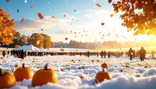 Pumpkin Patch in Winter with People Gathering and Falling Leaves