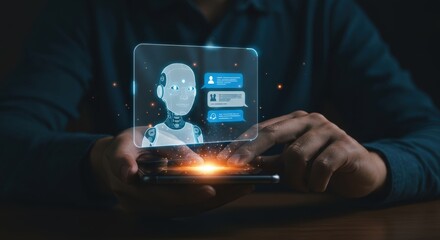 Person interacting with a holographic ai chatbot interface displayed on a smartphone screen symbolizing digital communication and artificial intelligence