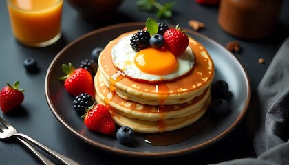 Breakfast in nature. pancakes with strawberries and cherries, Stack of homemade pancakes bith berries, healthy tasty food, created with generative ai