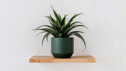 Snake plant displayed in matte pot on floating shelf