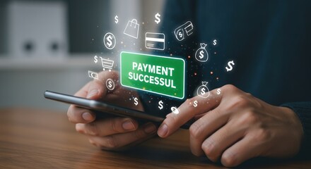 Hands holding a smartphone displaying a successful payment confirmation with digital currency and shopping icons floating around