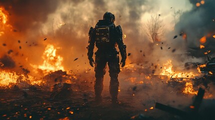 A soldier in advanced combat armor stands amidst chaos, surrounded by raging flames and flying debris