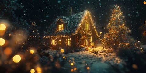 Enchanting winter cottage aglow with festive lights under snowfall at twilight