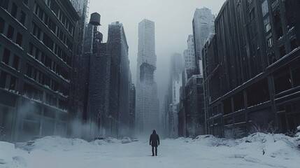 A lone figure walks down an empty, snow-covered street flanked by decaying skyscrapers in a post-apocalyptic city