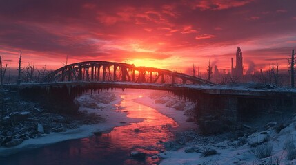 A decaying stone bridge arches over a shallow river, illuminated by the fiery glow of a sunset