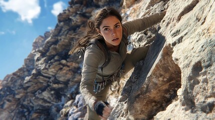 young woman climbing up a rock	
