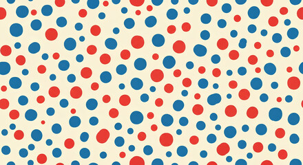 A simple, repeating pattern of red and blue circles on a cream background.