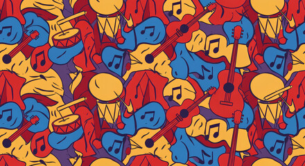 Vibrant, colorful pattern of musical instruments and symbols, densely packed together.
