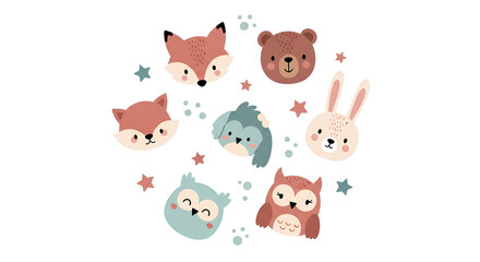 Obraz premium Adorable Woodland Creatures Cute Fox, Bear, Bunny, Owl Animal Faces Illustration