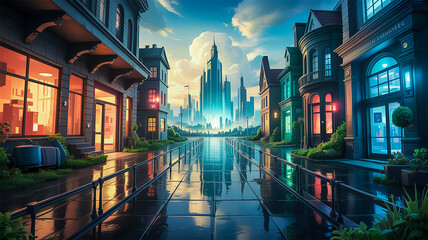 Fototapeta premium Glowing city vista wet street reflections futuristic city
