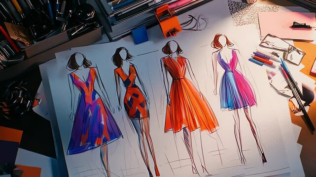 Fashion designs on paper,  various dresses.