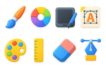 Colorful creative tools icons illustration for design and composition projects in simple style