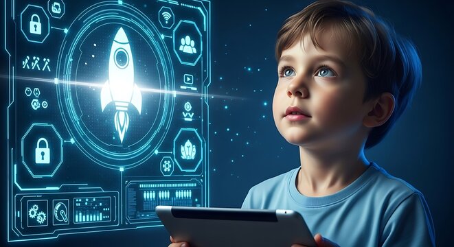 Young boy gazes at futuristic digital interface child