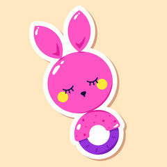 Kawaii baby bunny rattle. Children's sticker drawn in bright neon colors.