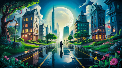 Obraz premium Lone figure city vista luminous moon cityscape skyline