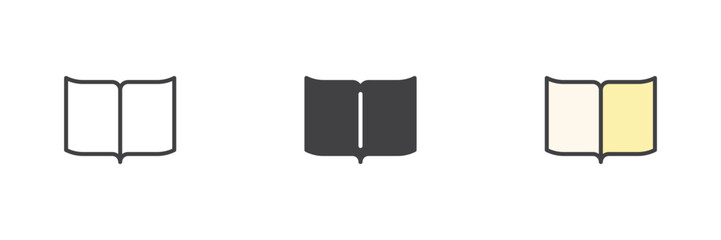 Simple open book icon set in line, solid and filled outline style