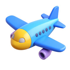 A vibrant blue and yellow cartoon airplane with smooth surfaces is ready for an imaginative journey