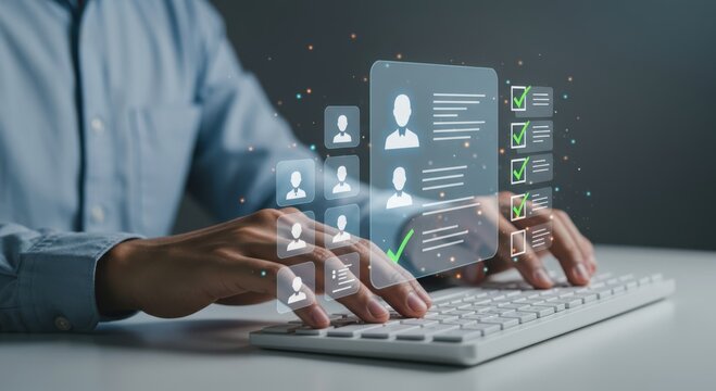 Person typing on keyboard with holographic interface displaying candidate profiles and checklist for recruitment process