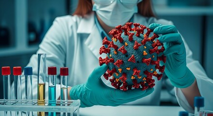 Scientist examining virus model with test tubes laboratory