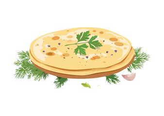 Delicious Round Flatbread with Fresh Herbs - Vector Illustration